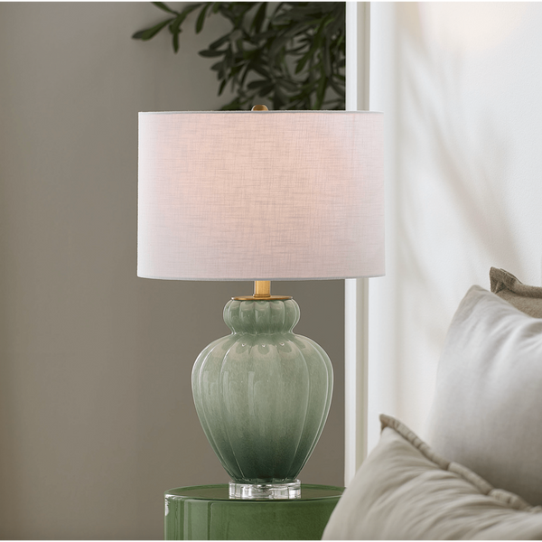 Agnes Blown Glass Table Lamp with Linen Shade, Celadon