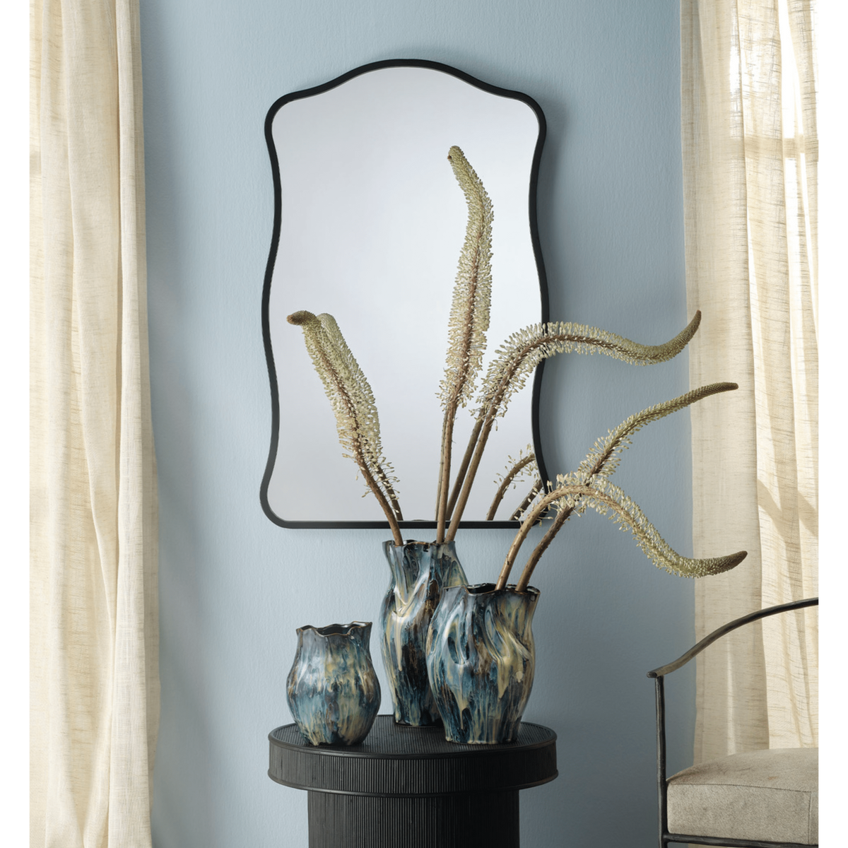 Aurora Wavy Iron Wall Mirror, Black and Antique Brass
