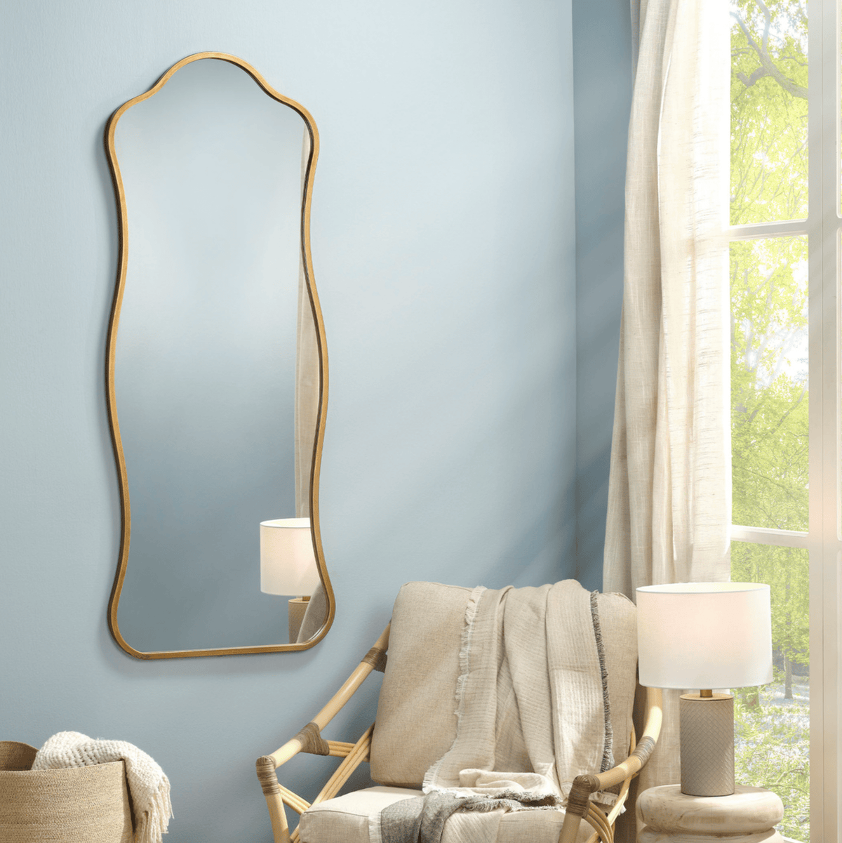 Aurora Wavy Iron Floor Mirror in Antique Brass and Black