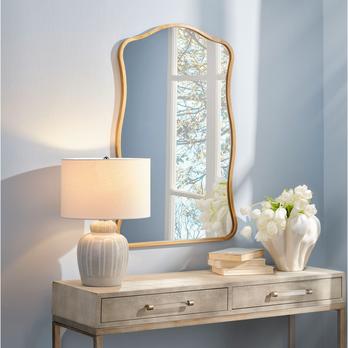 Aurora Wavy Iron Wall Mirror, Black and Antique Brass