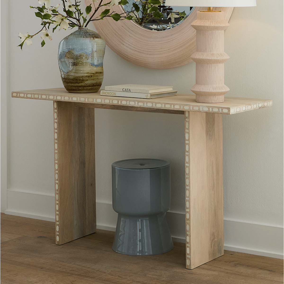 Huntington Garden Glass Stool in Blue, Green, Taupe & Cream