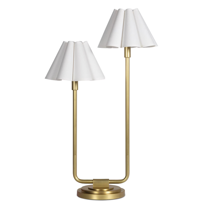 Polly Double Arm Table Lamp in Natural Brass with White or Rattan Shade