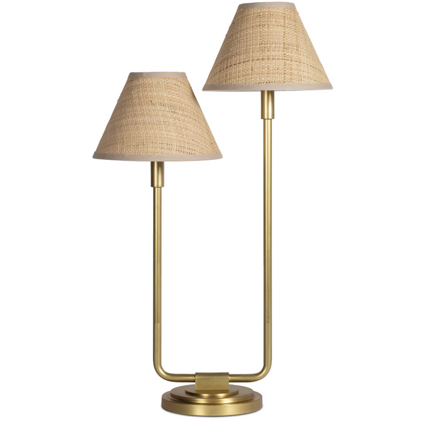 Polly Double Arm Table Lamp in Natural Brass with White or Rattan Shade