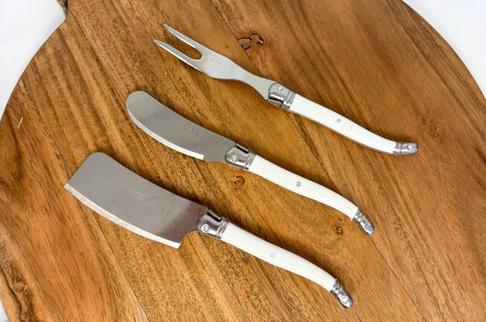 Original French Laguiole Cheese Spreader, Cheese Fork & Cheese Cleaver in White