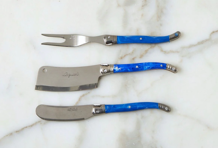 Original French Laguiole Cheese Spreader, Cheese Fork & Cheese Cleaver in Blue