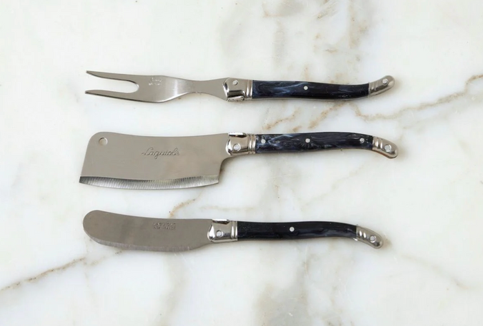 Original French Laguiole Cheese Spreader, Cheese Fork & Cheese Cleaver in Marbled Grey
