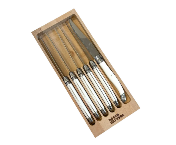 Original French Laguiole Steak Knives Set, White Set of 6