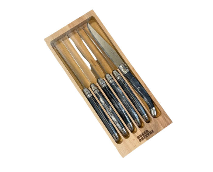 Original French Laguiole Steak Knives Set, Marbled Grey Set of 6
