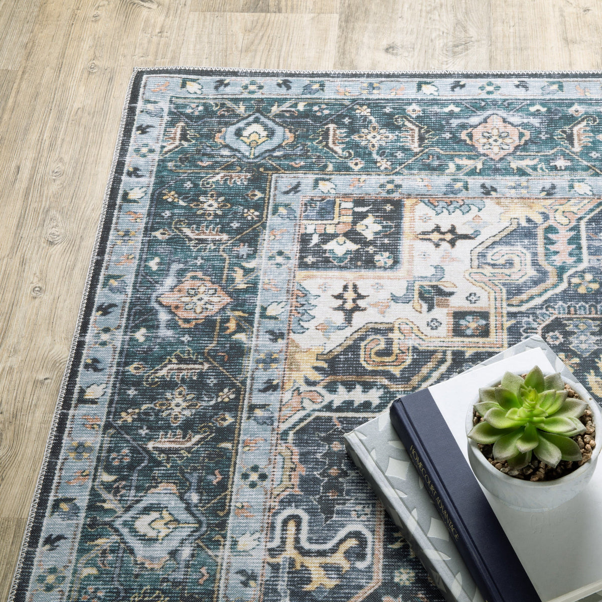 Charleston Blue & Ivory Washable Rug