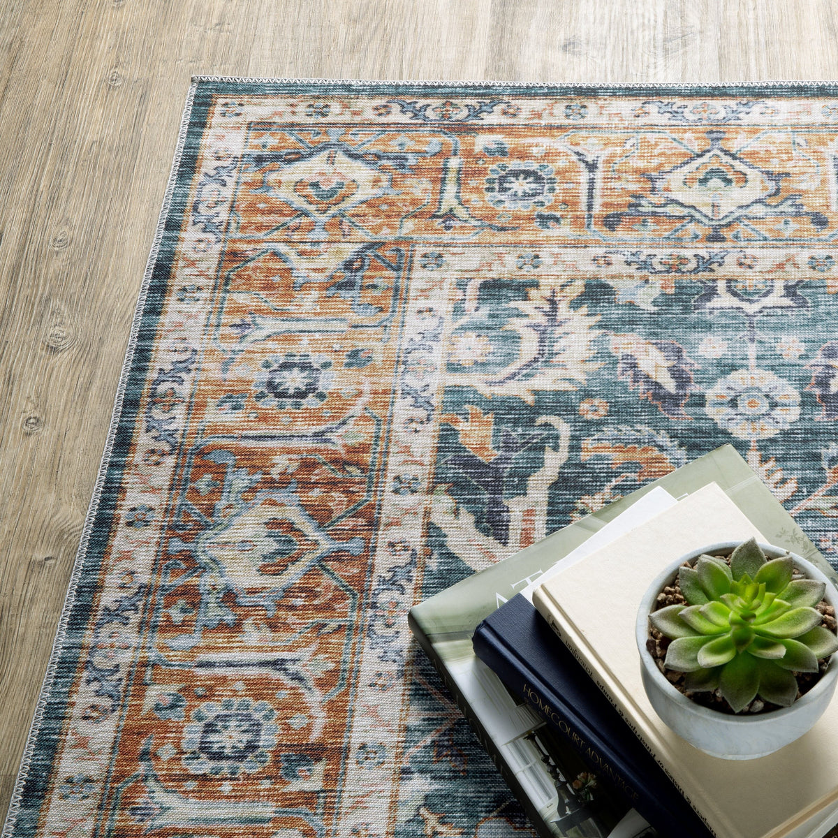 Charleston Blue & Rust Washable Rug